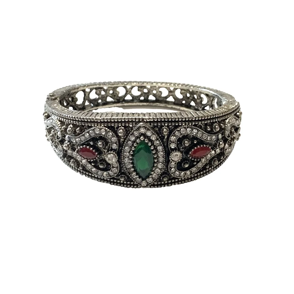 Indian Style Clamper Bracelet Antiqued Silver Tone Filigree Faux Gemstone 6.75